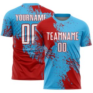 Custom Sky Blue White-Red Abstract Brush Stroke Sports Sublimation Soccer Uniform Jersey