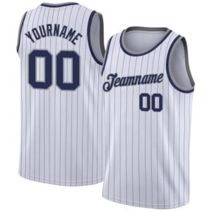 Custom White Navy Pinstripe Navy-Gray Authentic  Basketball Jersey